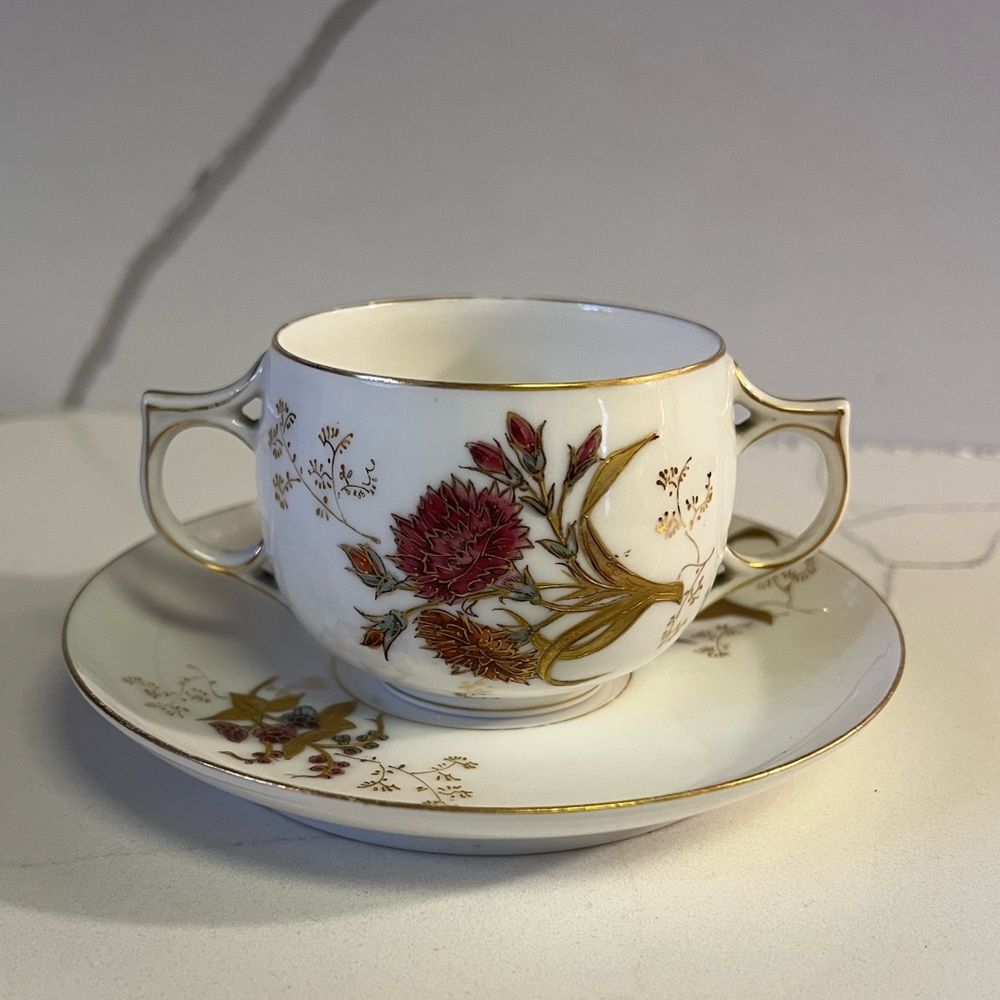Limoges Floral Cup and Saucer Set - Gold and Burgundy